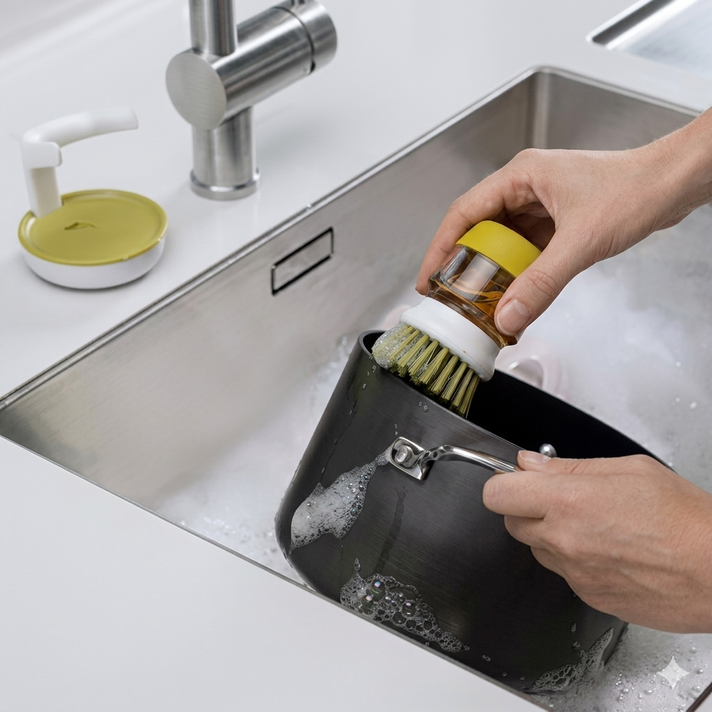 Spazzola per piatti con dispenser di sapone
